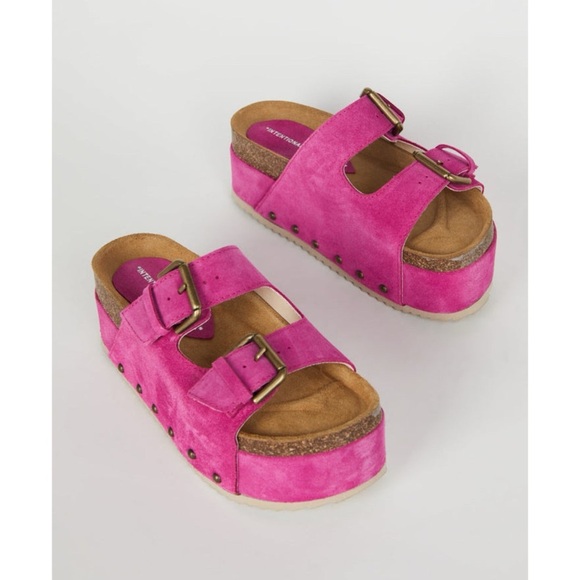 New Free People Rule Breaker Flatform Sandal Shoes Platform Suede Stud Fuchsia - Picture 17 of 17